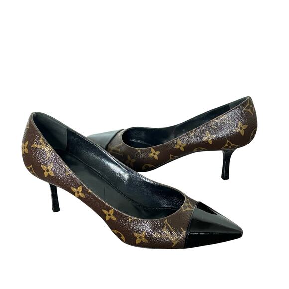 Louis Vuitton Fetish Monogram Kitten Heel Pumps Brown Pointed Cap Toe Size 38 - Picture 1 of 14